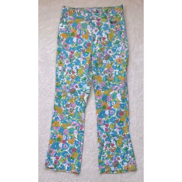 NWT Zara Floral Printed Linen Blend High Waisted Cropped Flare Trousers, Size 4 - Picture 13 of 16